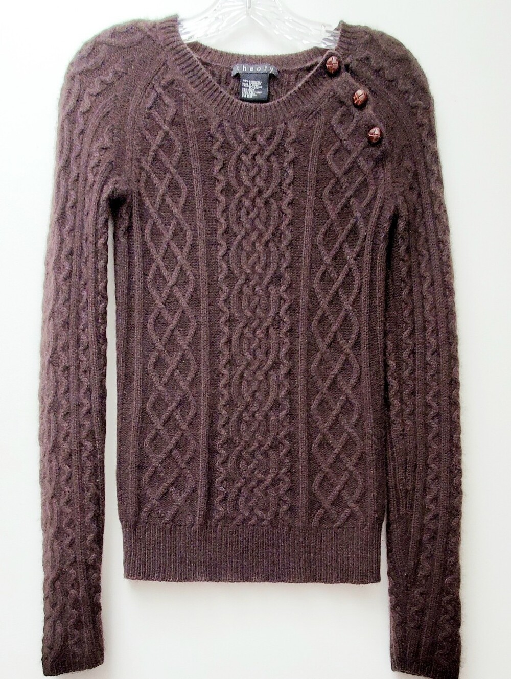 Theory 100% Cashmere Chocolate Brown Cable-Knit Sweater Buttons Detail Sz SP/T
